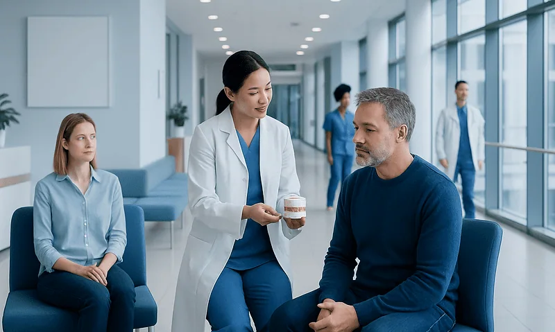 Dentist explaining dental crown procedure to patient in clinic.