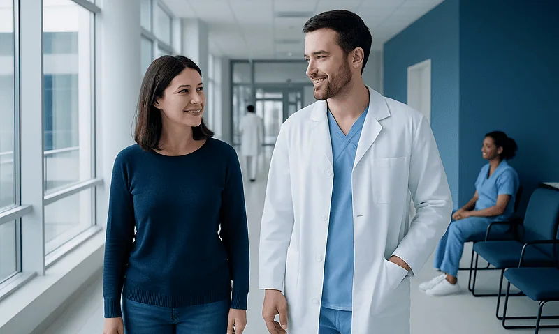 Doctor and patient smiling in hospital corridor.