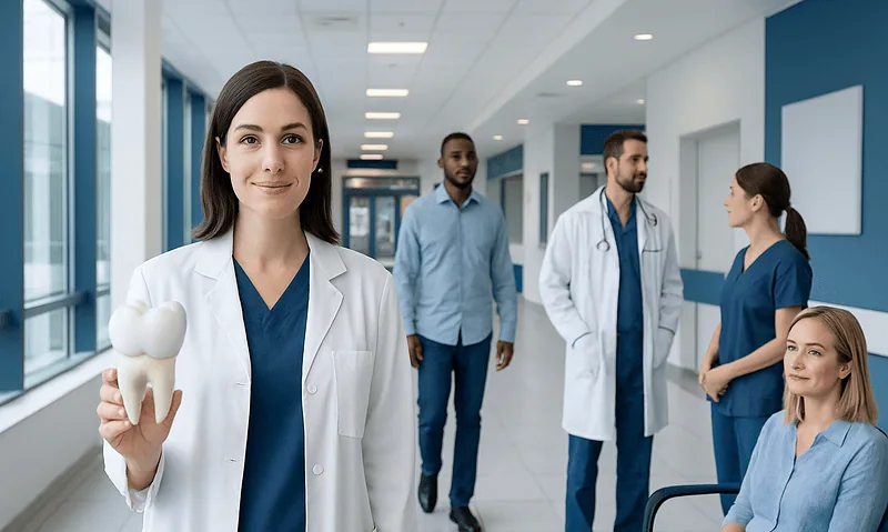 Dental professional holding a model of a tooth in a hospital corridor.