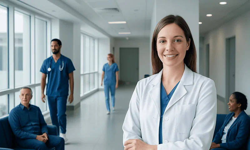 Smiling female doctor in hospital corridor with medical staff and patients.