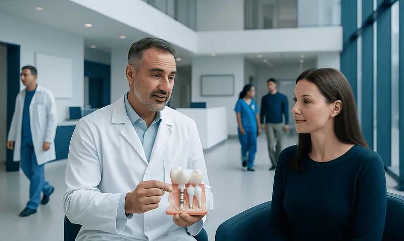 Dentist explaining dental implants to a patient in a modern clinic.