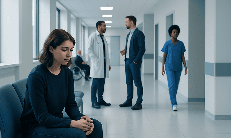 Young woman sitting alone in hospital corridor, feeling distressed.
