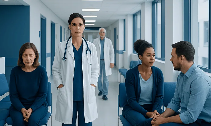 Medical professionals and patients in a hospital corridor for depression treatment.