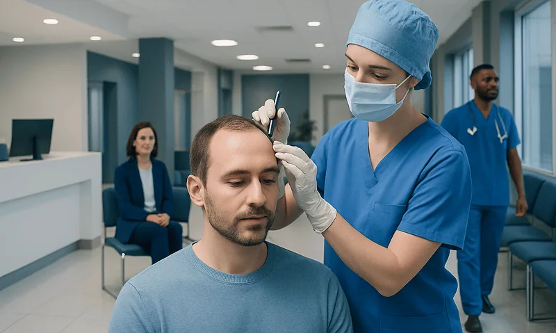 Medical professional performing a hair transplant consultation in a hospital setting.
