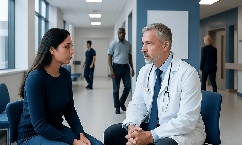 How Diabetes Is Diagnosed: Blood Tests, Symptoms, and Next Steps 4 Doctor consulting with a patient in a hospital corridor.