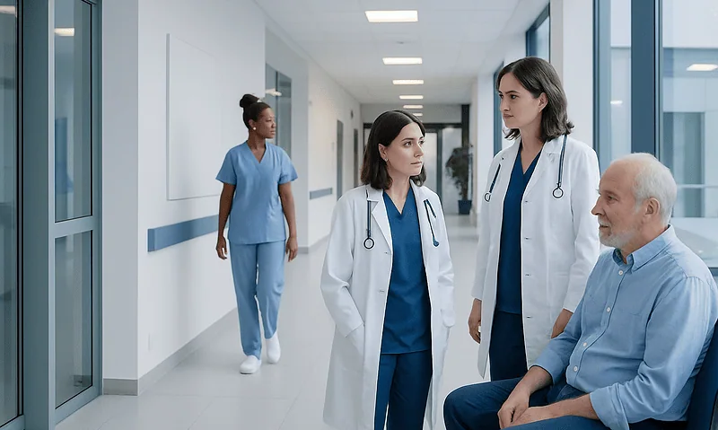 Medical team consulting with patient in hospital corridor.