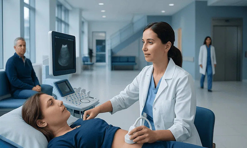 Medical ultrasound procedure in a hospital setting with a female technician and patient.