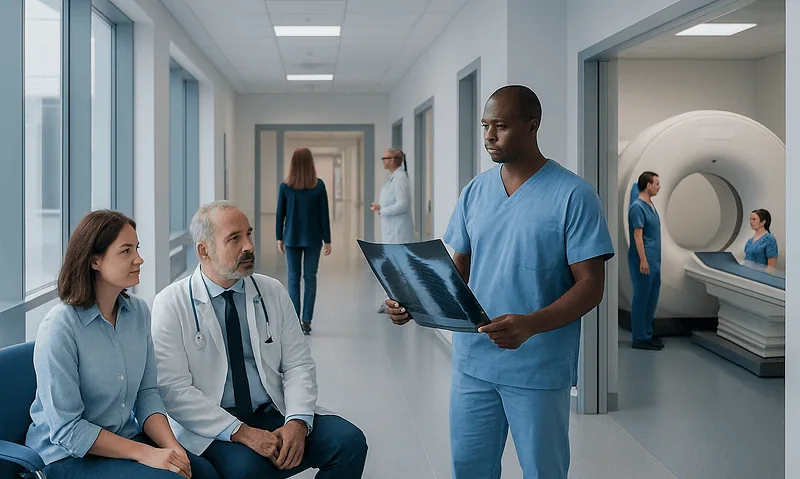 Medical professionals discussing diagnostic imaging in a hospital corridor.