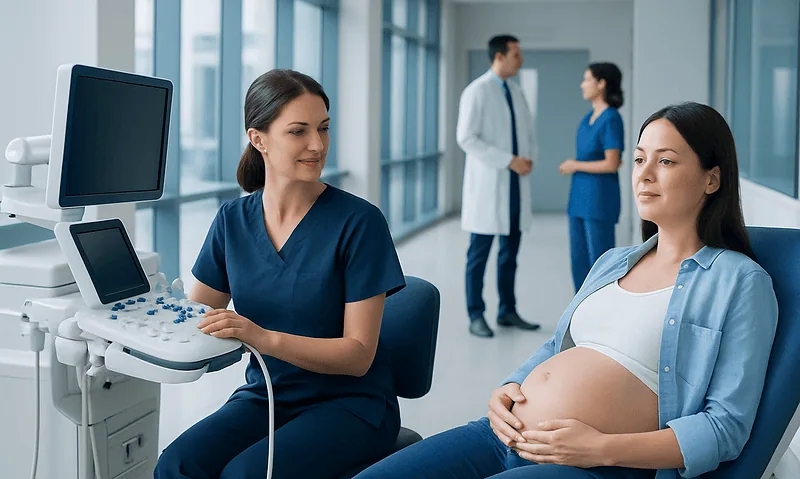 Pregnant woman undergoing ultrasound exam at hospital.