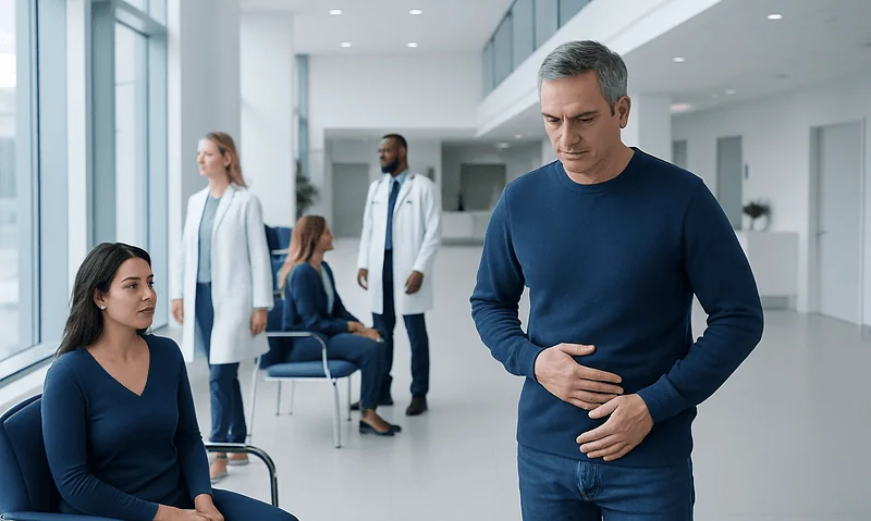Black Stool, Rectal Bleeding, or Blood in Vomit: When Digestive Bleeding Is an Emergency 11 Man experiencing stomach pain in a hospital waiting area.