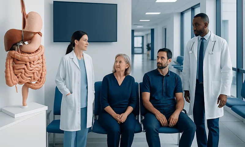 Doctors consulting with patients in a hospital corridor.