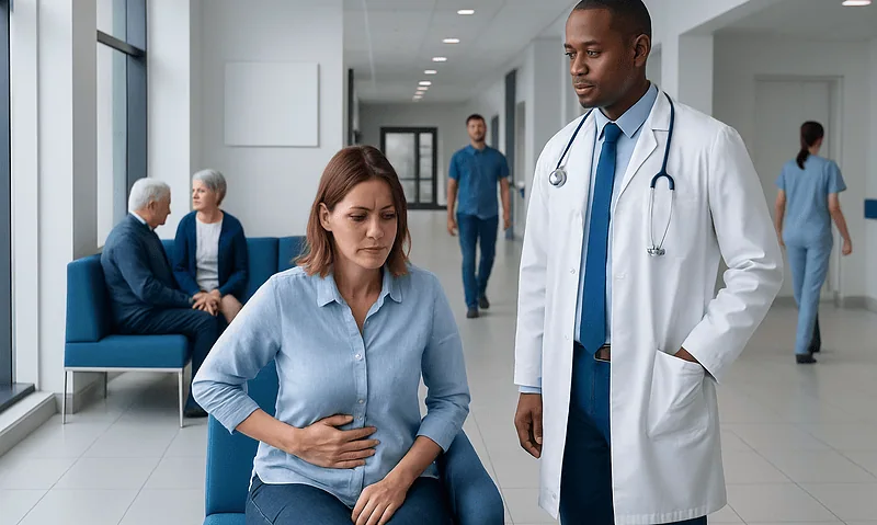 Digestive Issues: Common Causes, Symptoms, and When to See a Doctor 15 Doctor consulting a patient with stomach pain in hospital corridor.