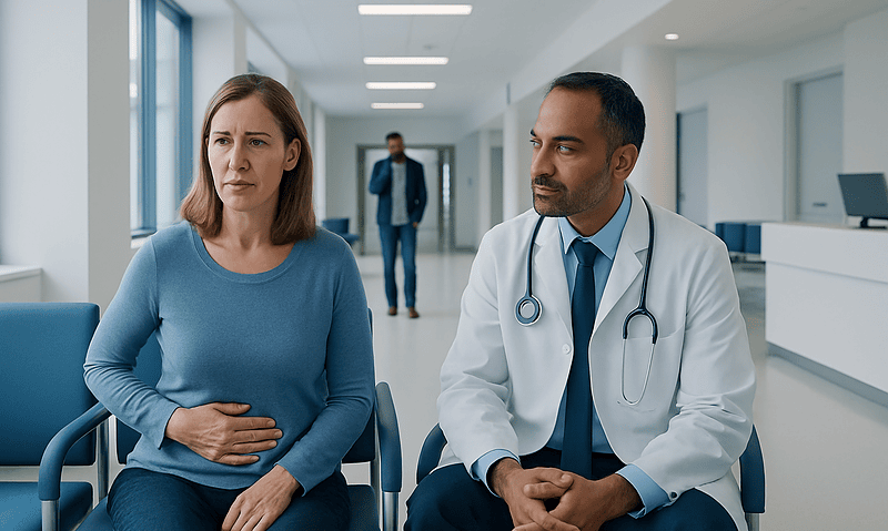 Digestive Issues: Early Warning Signs and When to See a Doctor 2 Doctor consulting with a woman patient in a hospital corridor.