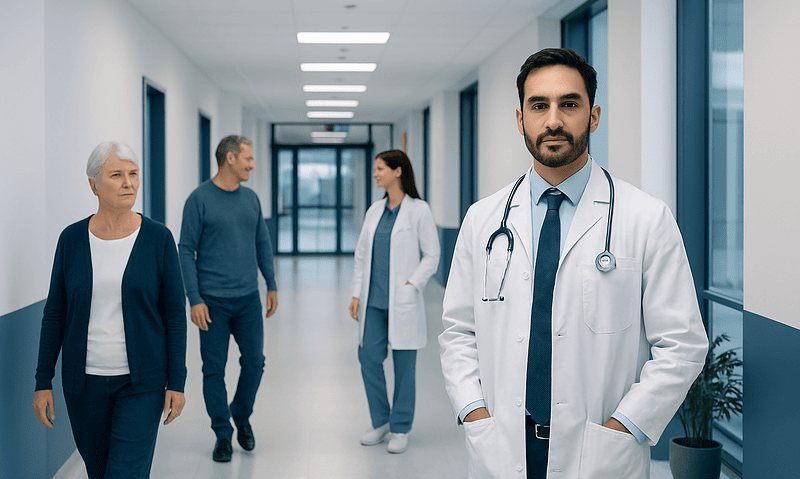 Healthcare professionals and a doctor in a hospital corridor.