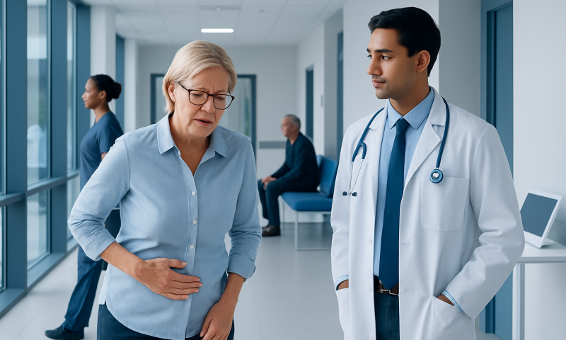 Doctor examines woman with abdominal pain in hospital corridor.