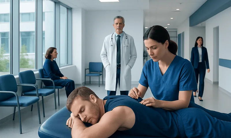 Physiotherapy session at Acibadem Hospital with a patient and therapist.