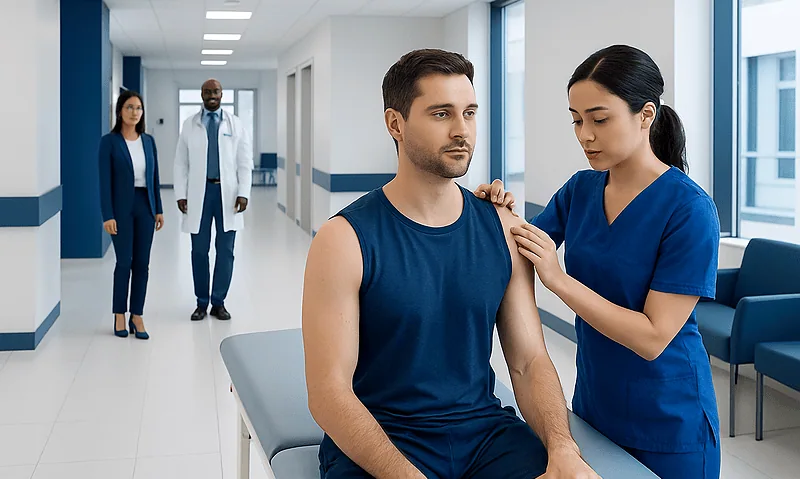 Patient receiving vaccination or injection in a hospital setting.