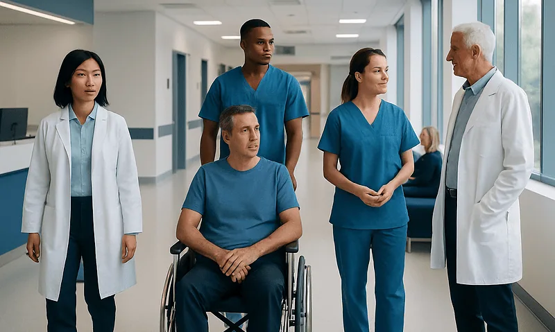 Medical team discussing patient care in hospital corridor.
