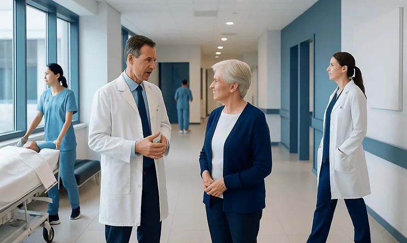 Doctors and nurse in hospital corridor discussing patient care.