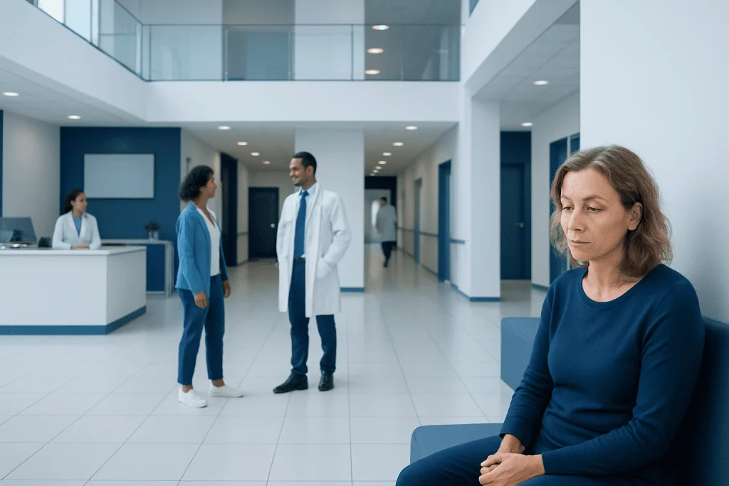 Early Menopause: Symptoms, Causes, and Fertility Considerations 1 Patient waiting in hospital corridor at Acibadem Hospitals Group.