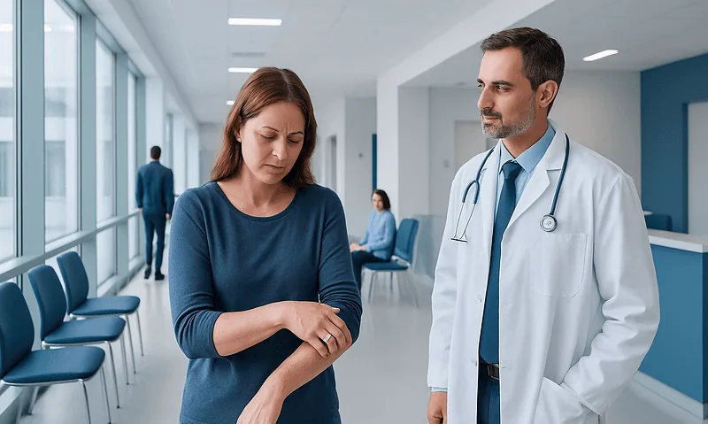 Patient consulting with doctor in hospital corridor.