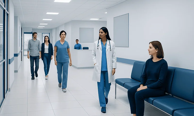 Medical team consulting patient in hospital corridor at Acibadem Hospitals Group.
