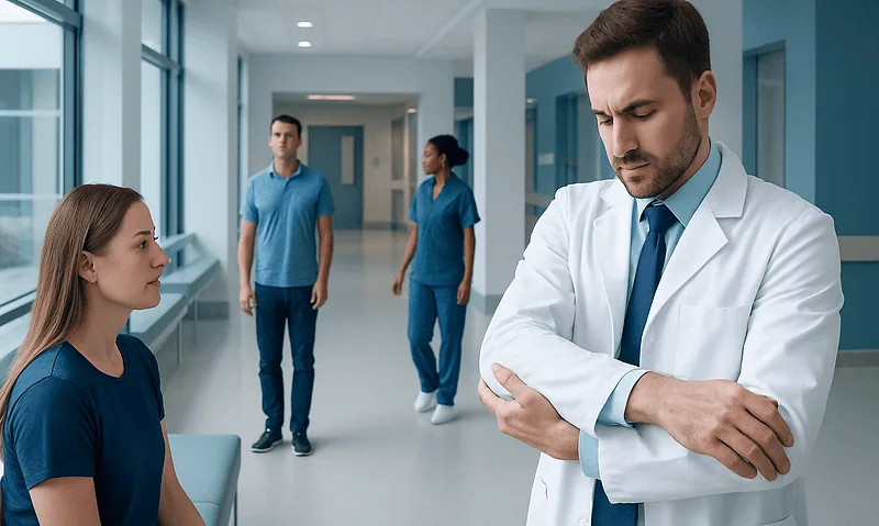 Doctor contemplating with patients in hospital corridor.