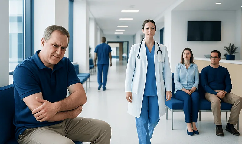 Patient experiencing elbow pain in a hospital waiting area.