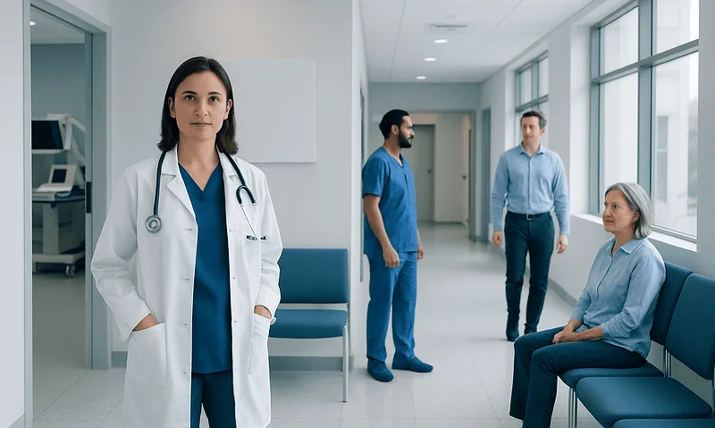 Medical team discussing patient care in hospital corridor.