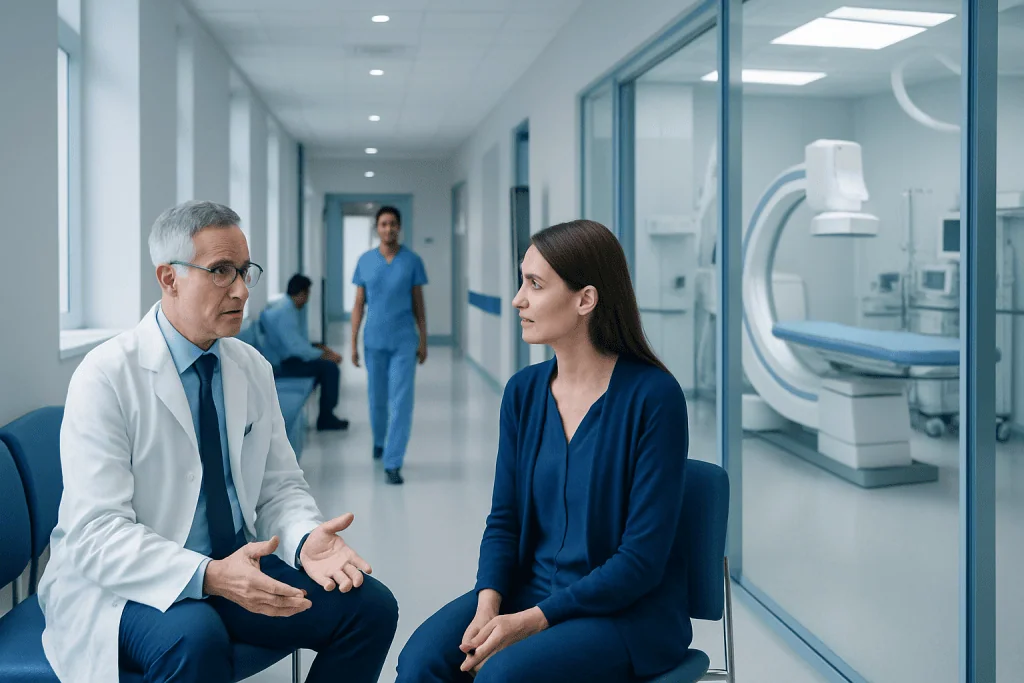 Embolization for Brain AVM: How Treatment Is Planned 1 Doctor discussing with patient in hospital corridor near MRI room.