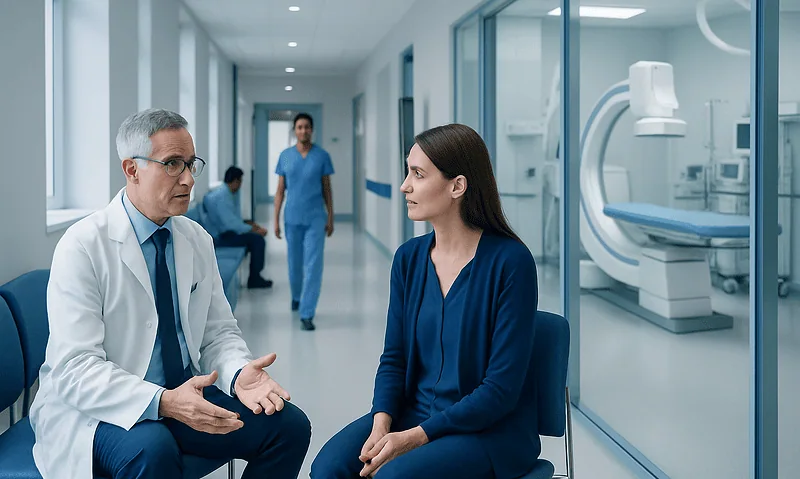 Doctor discussing with patient in hospital corridor near MRI room.