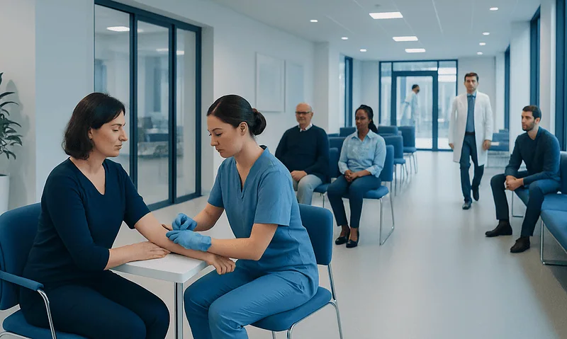 How Endocrine Blood Tests Work: TSH, T3, T4, and Hormone Panels 4 Medical blood test in a hospital waiting area with healthcare professionals and patients.