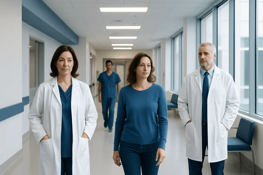 Endocrine Disorders: Common Causes, Warning Signs, and How They Are Diagnosed 1 Medical team walking in hospital corridor with large windows and natural light.