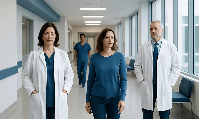 Medical team walking in hospital corridor with large windows and natural light.
