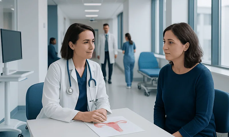 Endometrial Biopsy: Why It Is Done and What to Expect 1 Doctor consulting with patient in hospital corridor.
