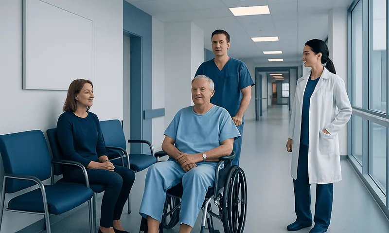 Patient in wheelchair with medical staff in hospital corridor.