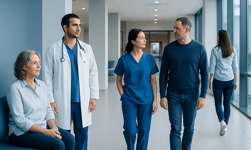 Medical team and patient walking in hospital corridor at Acibadem Hospitals Group.