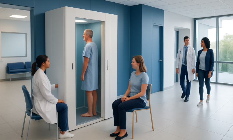 EOS Imaging for Spine and Joint Assessment: Lower-Dose Full-Body X-Rays Explained 5 Patient undergoing full-body X-ray in a modern hospital setting.