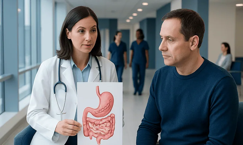 Doctor explains stomach and intestines to patient in hospital corridor.