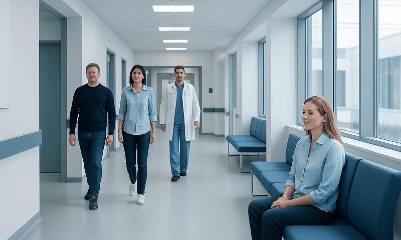 Hospital corridor with medical staff and patient waiting area.