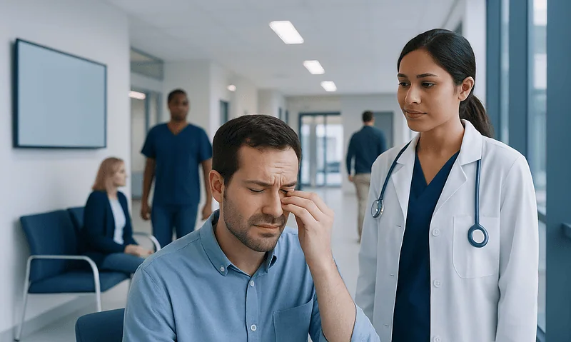 Patient experiencing eye discomfort at a hospital, with a doctor nearby.