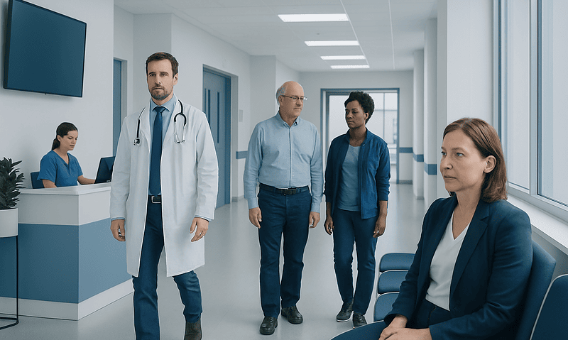 Medical team in hospital corridor discussing patient care.