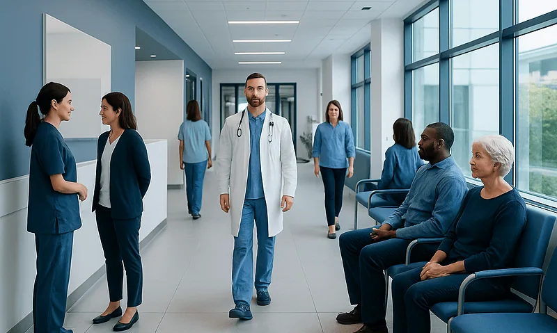 Medical staff and patients in a modern hospital corridor.