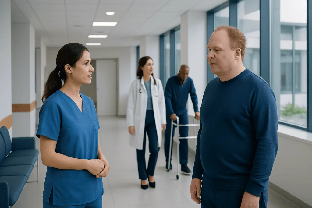 Face Transplant: Who May Qualify, How Surgery Is Planned, and Long-Term Challenges 1 Medical team discussing patient care in hospital corridor.