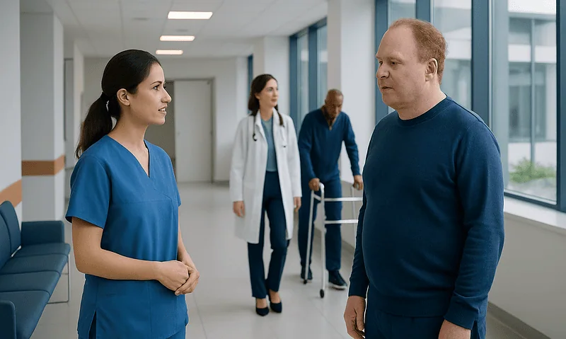 Medical team discussing patient care in hospital corridor.