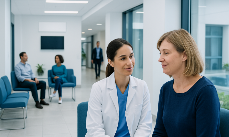 Doctor consulting with a patient in a modern hospital waiting area.