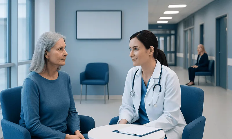 Doctor consulting with an elderly woman in a hospital corridor.