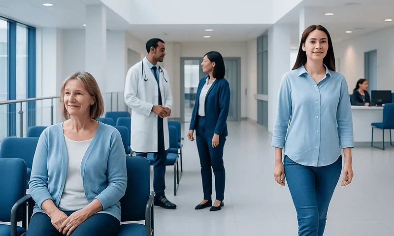 Patients and doctors in a modern hospital lobby.