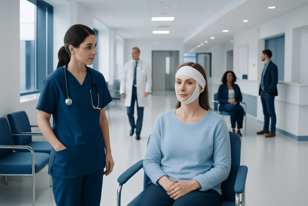 Facial Treatment Recovery: Redness, Peeling, and When You Can Return to Routine 1 Patient with facial treatment bandage in hospital corridor with medical staff.