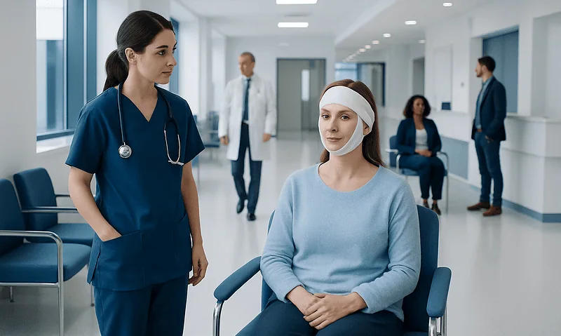 Patient with facial treatment bandage in hospital corridor with medical staff.